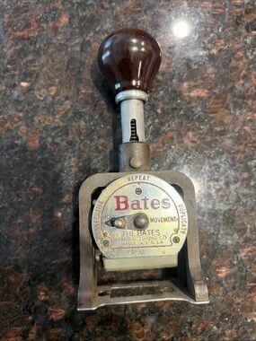 Bates Hand Numbering Machine in Brown and Brass Tones vintage.